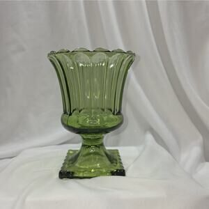 Vintage Mid-Century Modern Indiana Pressed Green Pedestal Vase Scalloped Rim